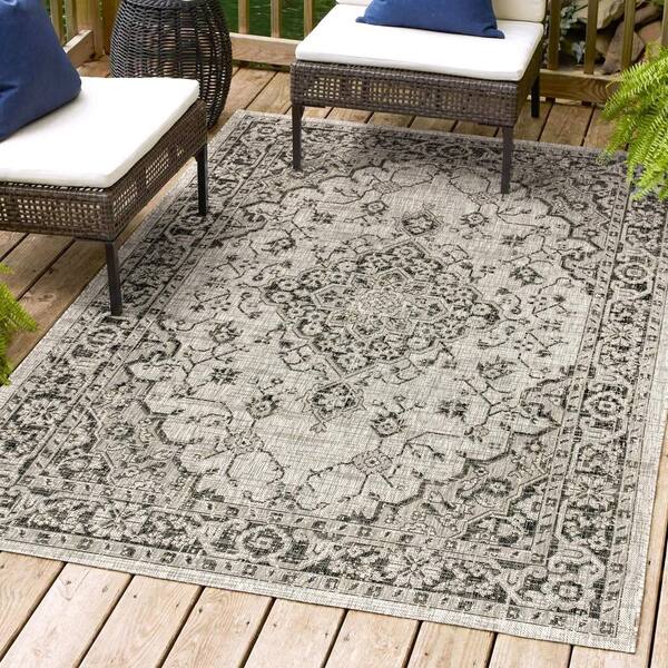 Rozetta Boho Medallion Textured Weave Gray/Black 9 ft. x 12 ft. Indoor/Outdoor Area Rug