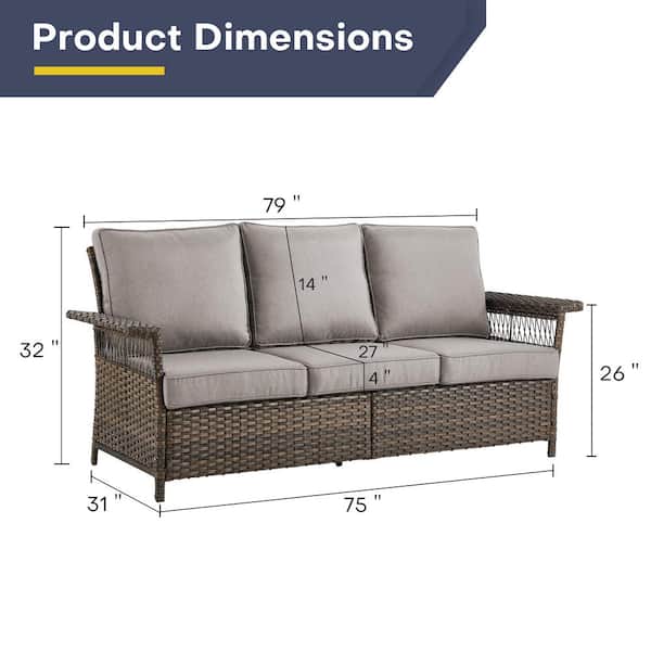 Opohoro Brown Wicker Outdoor Couch, 3-Seat Patio Wicker Sofa