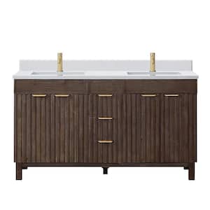 Palos 60 in. W x 22 in. D x 33.9 in. H Double Sink Bath Vanity in Spruce Antique Brown with White GRain Stone Top