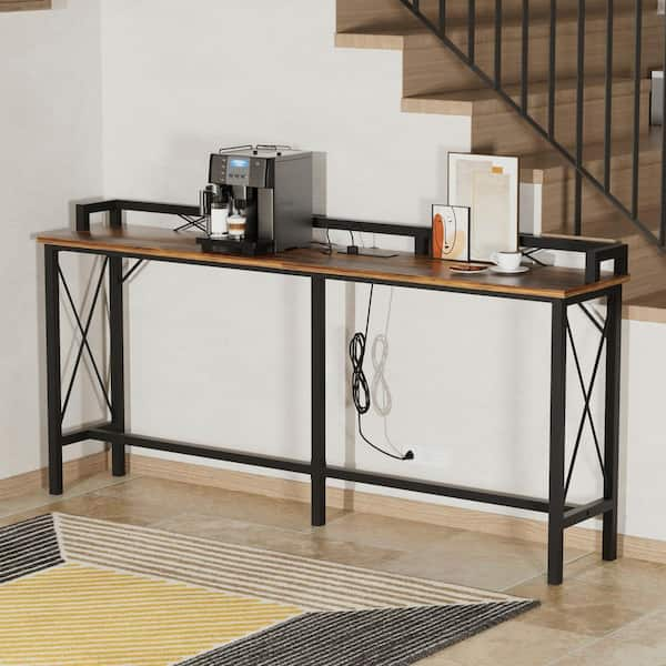 Costway Entryway Table with Charging Station Narrow Console Table with 2  Drawers Brown