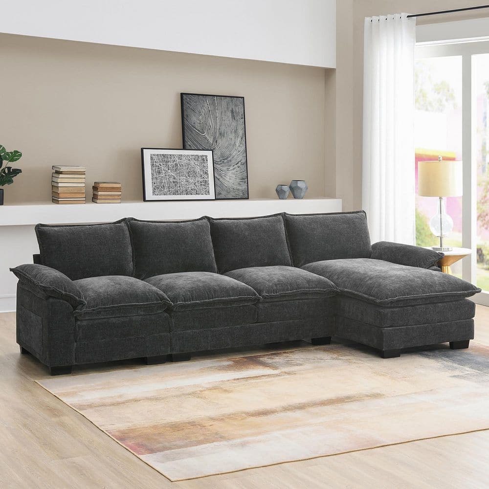 118 in. Double Cushions Chenille L-Shaped 5-Seat Sectional Sofa in Gray wit