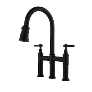 Double Handle Bridge Kitchen Faucet with Pull Out Spray Wand and Spot Resistant, High Arc, Solid Brass in Matte Black