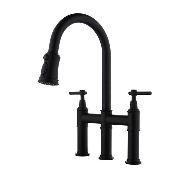 Lukvuzo Double Handle Bridge Kitchen Faucet with Pull Out Spray Wand and Spot Resistant, High Arc, Solid Brass in Matte Black