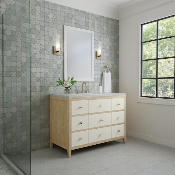 James Martin Vanities Celeste 48.0 in. W x 23.5 in. D x 36 in. H Single Bathroom Vanity Sunwashed Oak and Arctic Fall Solid Surface Top