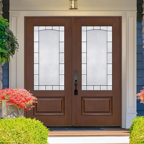 Regency 72 in. x 80 in. 3/4L Empire Decorative Glass RHIS Chestnut Fiberglass Double Prehung Front Door with 4-9/16Jamb