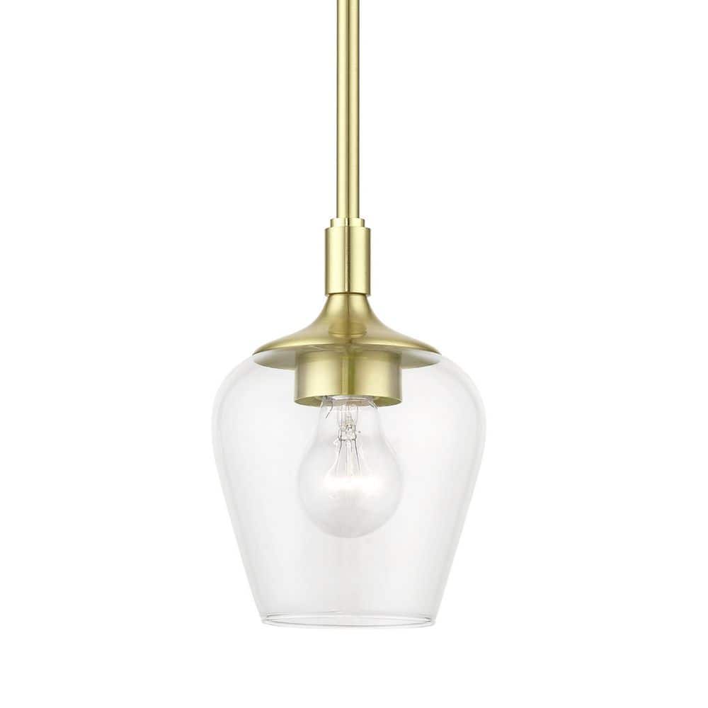 Elegant Transitional Satin Brass 1-Light Pendant with Clear Glass Shade