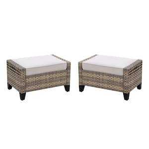 2-Piece Brown Wicker Outdoor Ottoman Patio Rattan Footstool with Removable Gray Cushions