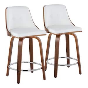 Gianna 24.25 in. White Faux Leather, Walnut Wood and Chrome Metal Fixed-Height Counter Stool Round Footrest (Set of 2)