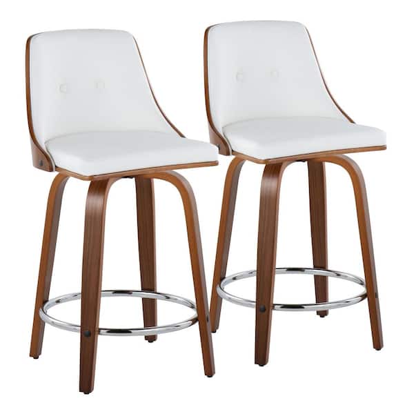 Lumisource Gianna 24.25 in. White Faux Leather, Walnut Wood and Chrome Metal Fixed-Height Counter Stool Round Footrest (Set of 2)