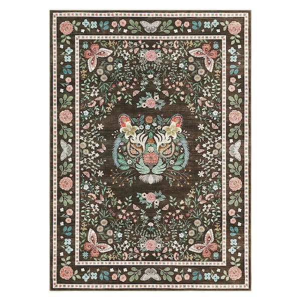 Brown 9 ft. x 12 ft. Washable Tiger Print Rug Ultra-thin Soft Non-slip for Living Room Dining Room Area Rug