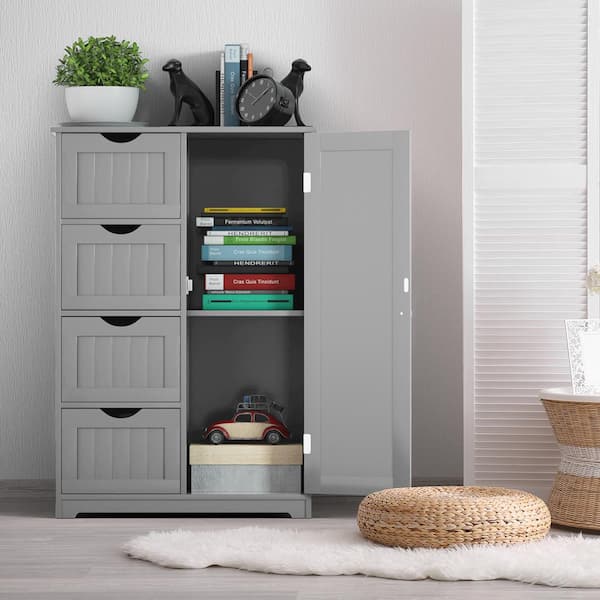 Costway Grey Wooden 4-Drawer Bathroom Cabinet Storage Cupboard 2