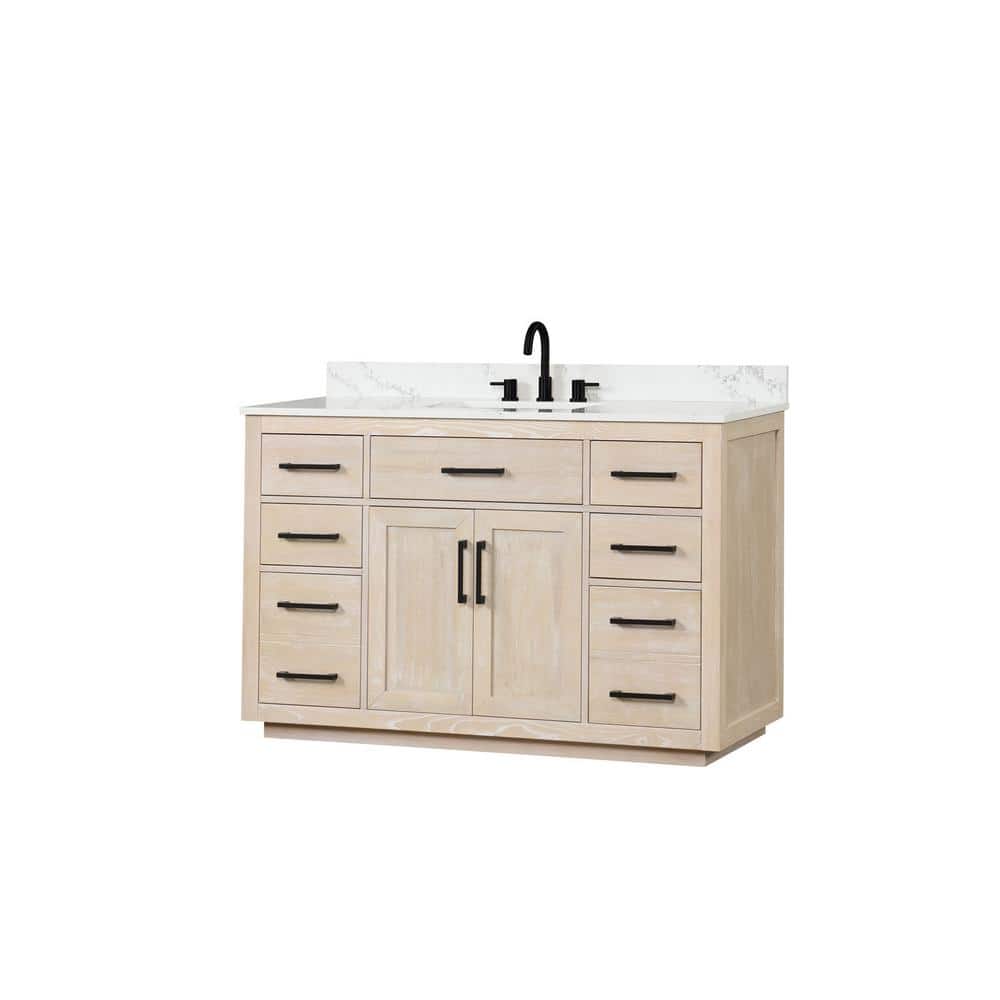 54 in. Milk Oak Modern Solid Wood Bathroom Vanity with White Quartz Top Sin
