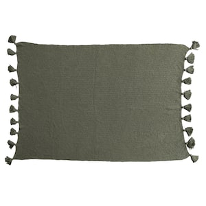 Olive Green Cotton Knit Throw Blanket with Tassels