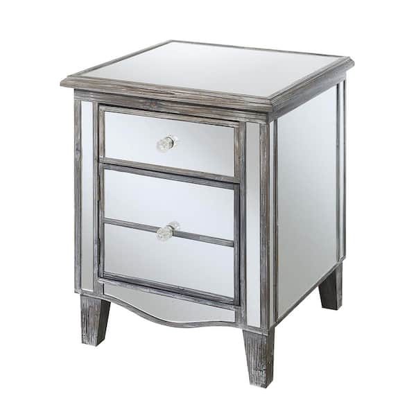 Convenience Concepts Gold Coast Park Lane 18 in. W x 22 in. H Weathered Gray and Mirror End Table with Drawer and Cabinet