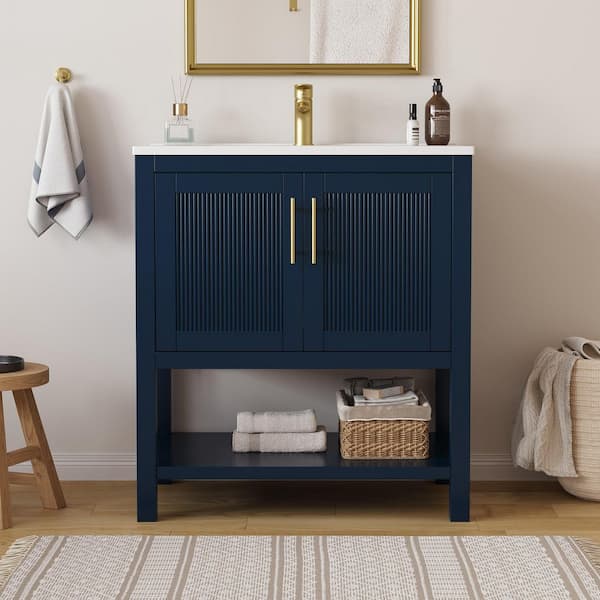 Blake 31 in. Single Sink Navy Blue Bath Vanity with White Engineered Solid Surface Top and Fluted Doors (Unassembled)