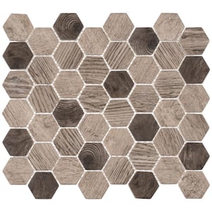 Terrain Oslo Tan/Gray 13 in. x 11 in. Hexagon Wood-Look Smooth Glass Mosaic Wall Tile (5 sq. ft./Case)