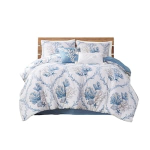 Pismo Beach 6-Piece Blue/White Cotton King Oversized Comforter Set with Throw Pillows