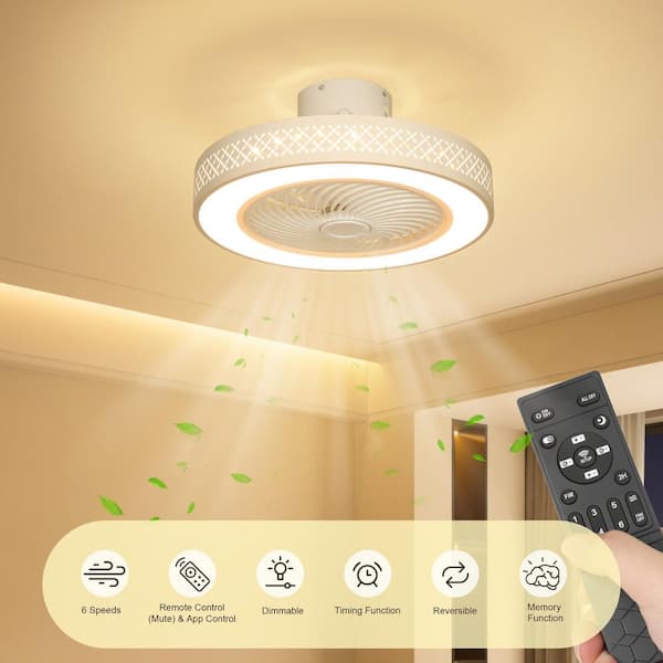 20 in. Indoor White Low Profile Enclosed Caged Standard Flush Mount Ceiling Fan Light with Integrated LED with Remote