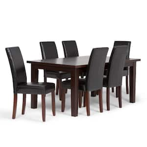 Acadian Transitional 7-Piece Dining Set w/ 6 Upholstered Parson Chairs in Midnight Black Faux Leather and 66 in. W Table