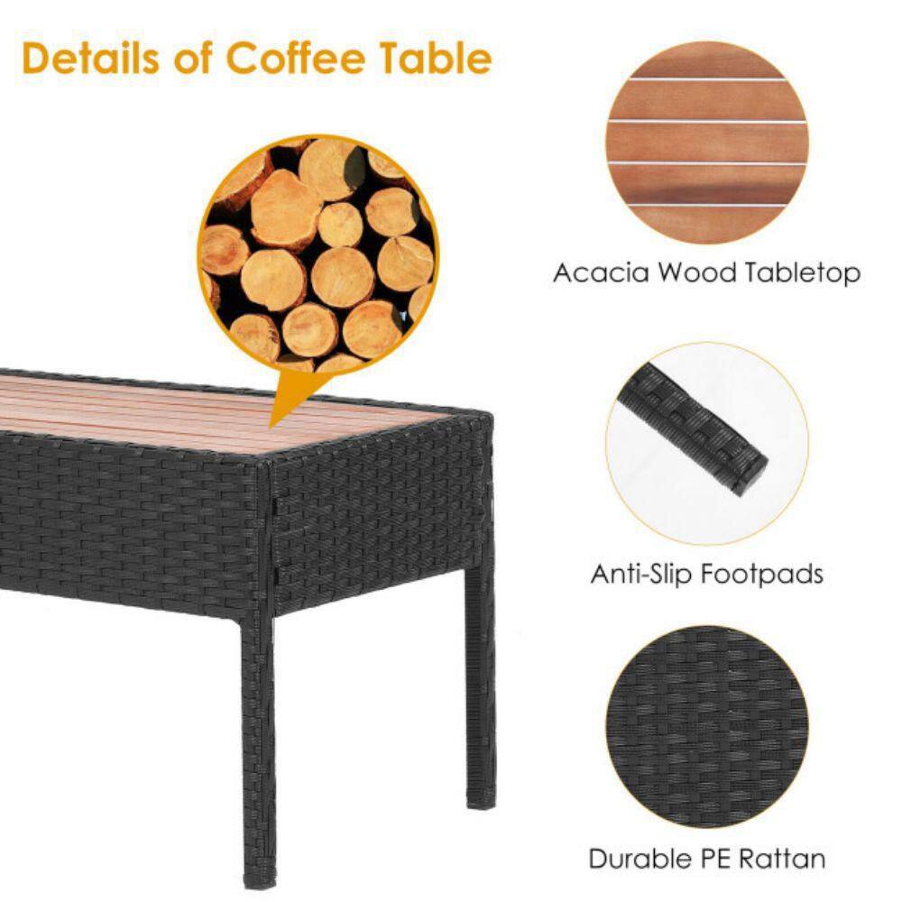 Black 4-Piece Rattan Patio Furniture Set with Acacia Wood Tabletop