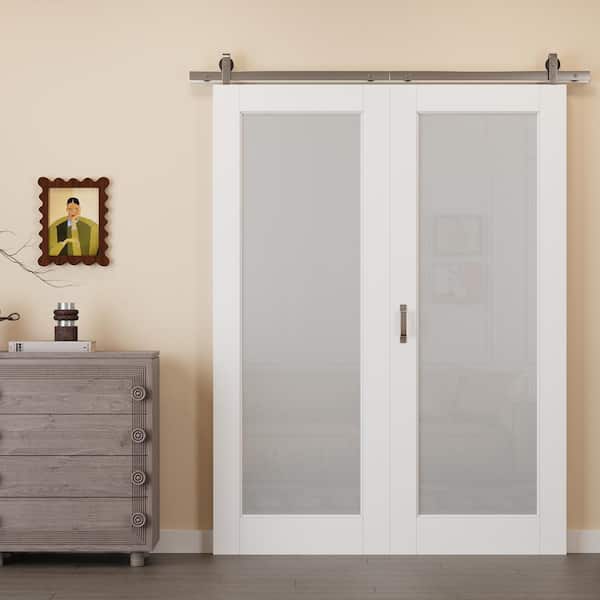 60 in. x 96 in. 1-Lite Tempered Frosted Glass White Primed MDF Bifold Sliding Barn Door with Hardware Kit Nickle