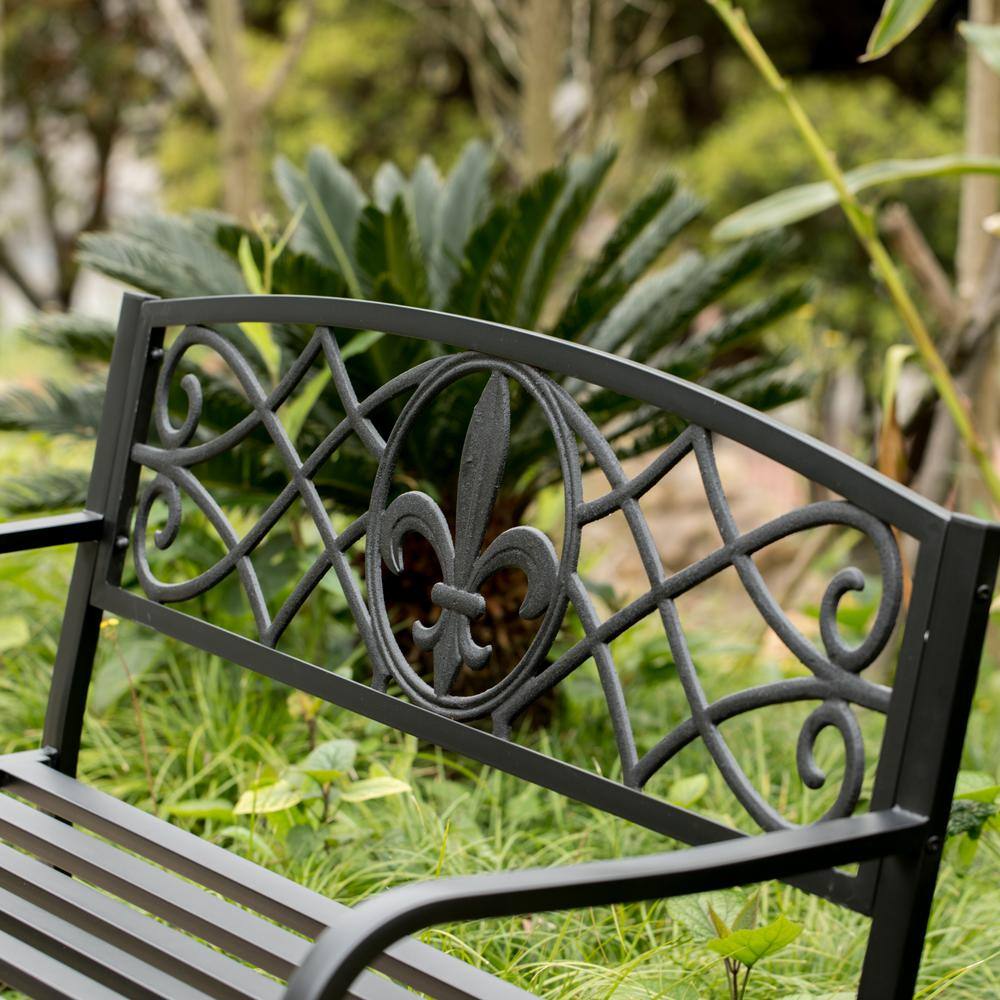Black Cast Iron and Steel Outdoor Garden Patio Bench