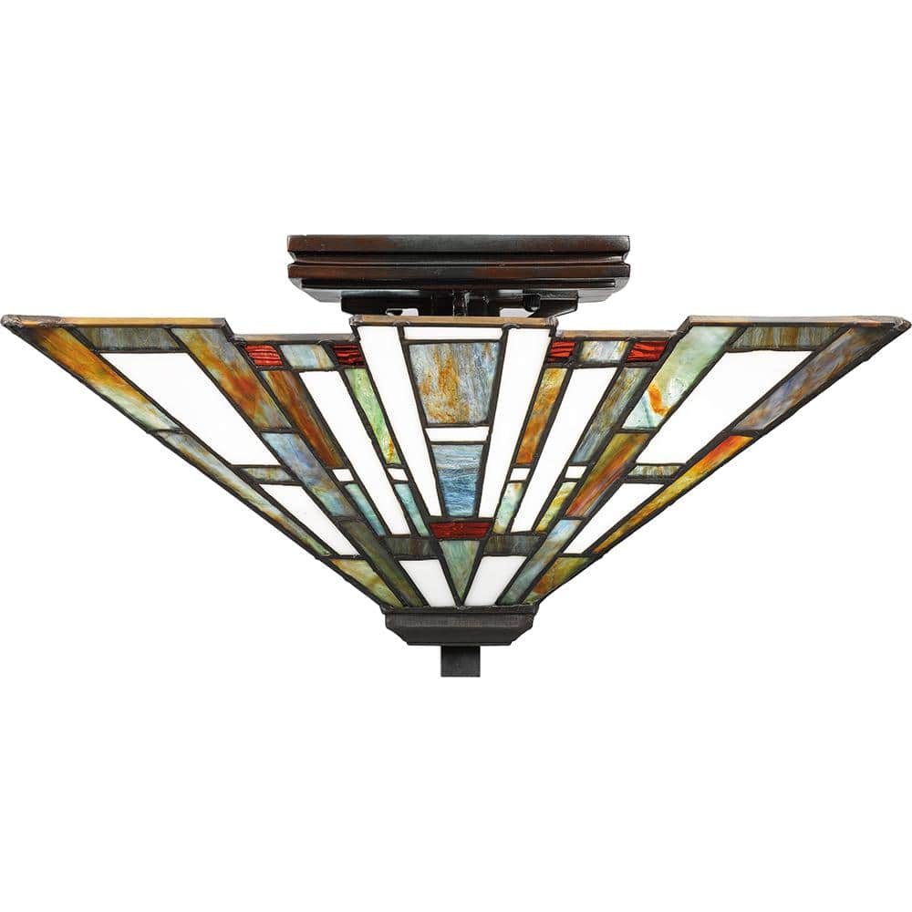 Valiant Bronze and Multicolor Tiffany Glass Flush Mount Light