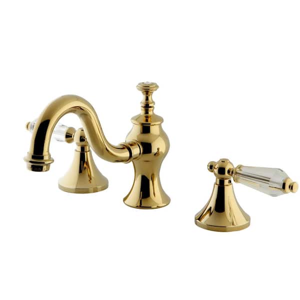Kingston Brass Crystal Lever 8 in. Widespread 2-Handle High-Arc Bathroom Faucet in Polished Brass
