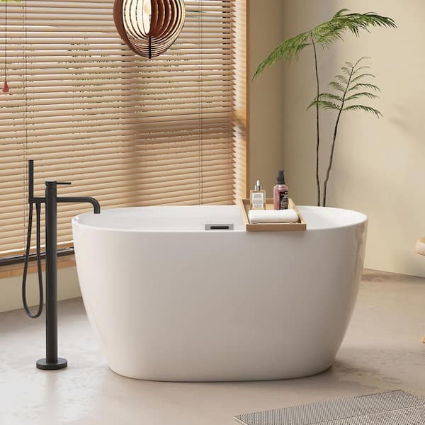 47 in. x 28 in. Acrylic Freestanding Soaking Bathtub in Glossy White with Chrome Center Drain