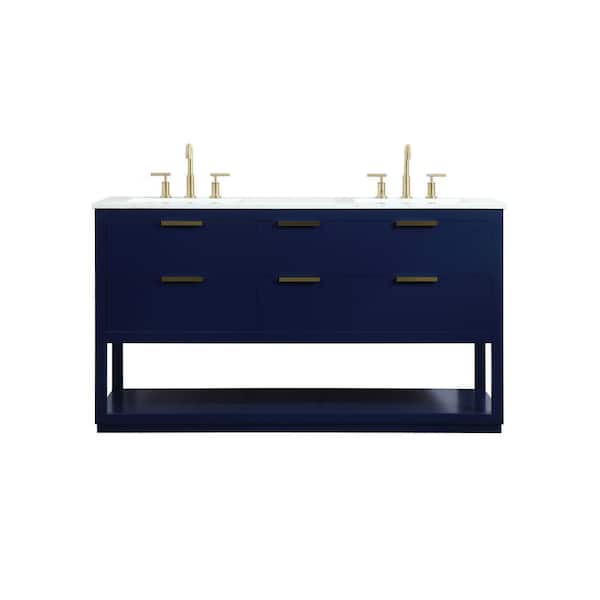 Unbranded Simply Living 60 in. W x 22 in. D x 34 in. H Bath Vanity in Blue with Calacatta White Engineered Marble Top