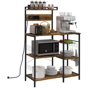 Brown Bakers Rack with Power Outlet, USB Charger, Microwave Stand with Wire Basket,Kitchen Shelves with 5 S-Hooks