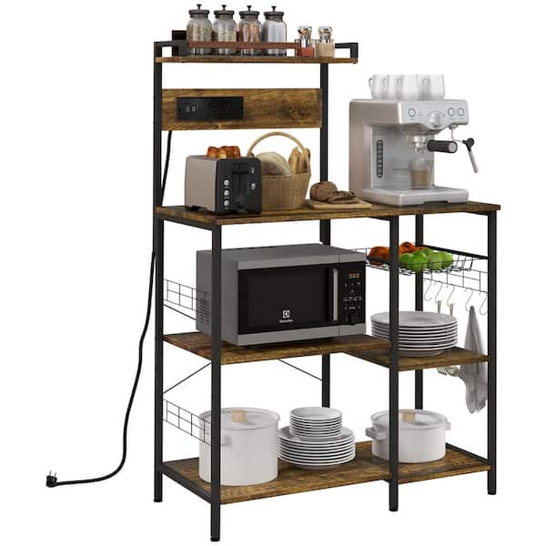 Tileon Brown Bakers Rack with Power Outlet, USB Charger, Microwave Stand with Wire Basket,Kitchen Shelves with 5 S-Hooks