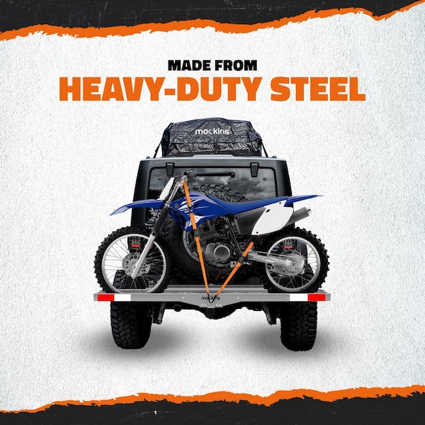 Mockins 500 lb. Capacity Heavy-Duty Steel Hitch Mount Dirt Bike Carrier 73in. Includes Loading Ramp, Straps and Hitch Stabilizer
