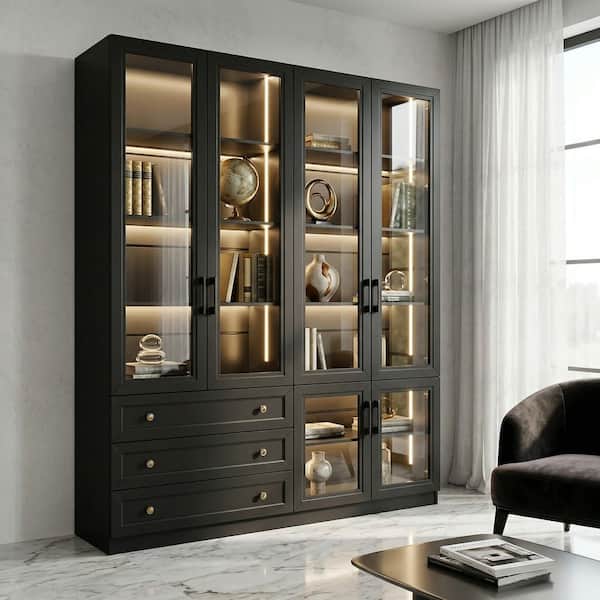 Black Paint Finish Wood 78.7 in. H Accent Cabinet with Tempered Glass Doors, LED Lights, Drawers, Adjustable Shelves