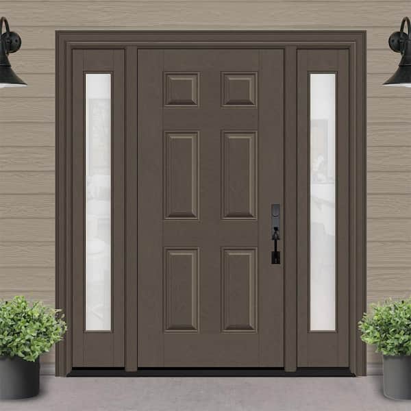 Regency 64 in. x 80 in. 6 Panel LHIS Ashwood Stain Mahogany Fiberglass Prehung Front Door Obscure 12 in. SLs 4-9/16