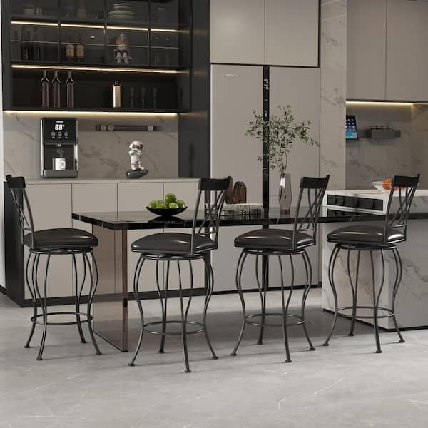 WTRA 26 in. Black High Back Swivel Counter Height Bar Stool with Cushioned Faux Leather Seat and Footrest (Set of 4)