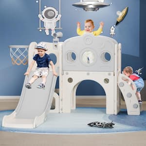 4.5 ft. White&Gray 8 in 1 Astronaut Toddler Slide with Aisle Kids Slide for Toddlers 1-3, Baby Slide Climber Playset