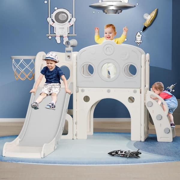 SEEUTEK 4.5 ft. White and Gray 8-in-1 Astronaut Toddler Slide with Aisle Kids Slide for Toddlers 1-3, Baby Slide Climber Playset