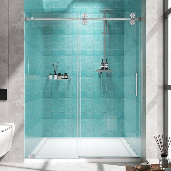 56 in. to 60 in. W x 76 in. H Sliding Frameless Shower Door in Brushed Nickel with 5/16 in. (8 mm) Tempered Glass