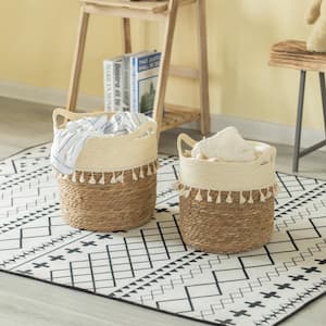 Brown Decorative Round Storage Basket with Woven Handles for the Playroom, Bedroom, and Living Room (Set of 2)
