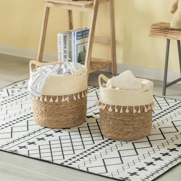 Vintiquewise Brown Decorative Round Storage Basket with Woven Handles for the Playroom, Bedroom, and Living Room (Set of 2)