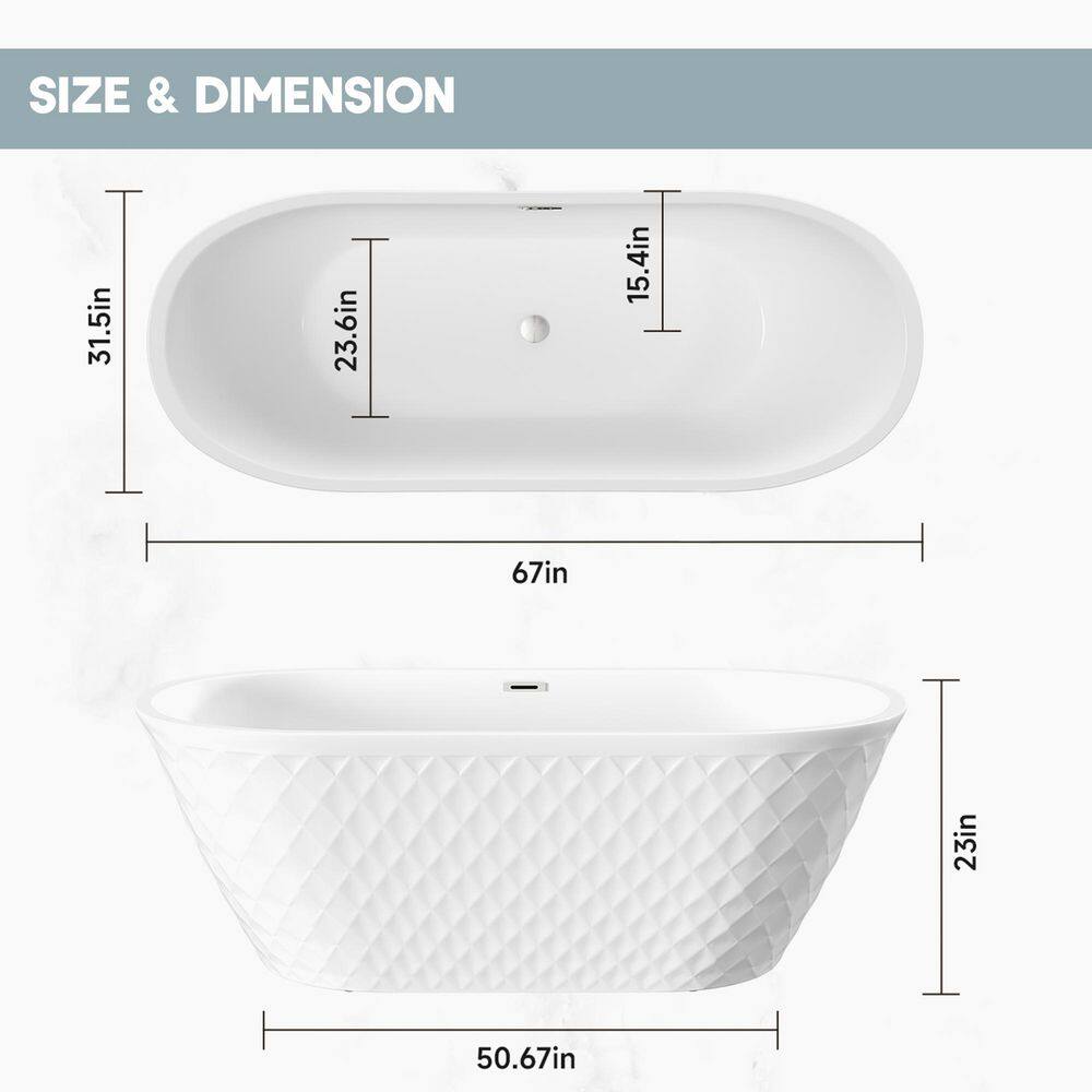 White Diamond Pattern Acrylic Freestanding Soaking Bathtub