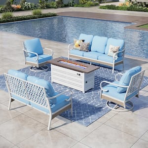 White 5-Piece Metal Outdoor Patio Conversation Seating Set with Swivel Chairs, 50000 BTU Fire Pit Table and Blue Cushion