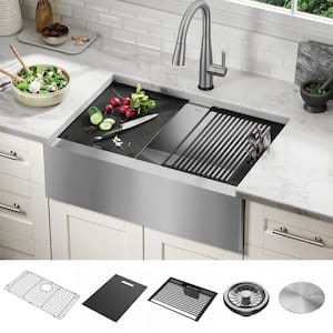 Rivet 16- Gauge Stainless Steel 30 in. Single Bowl Farmhouse Apron Workstation Kitchen Sink with Accessories