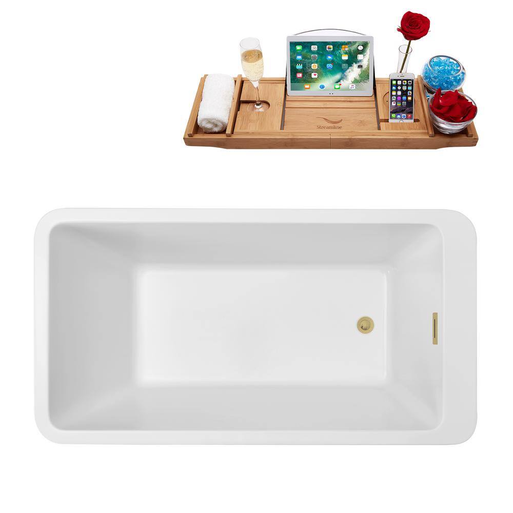 60" Glossy White Acrylic Freestanding Soaking Bathtub with Brushed Brass Drain