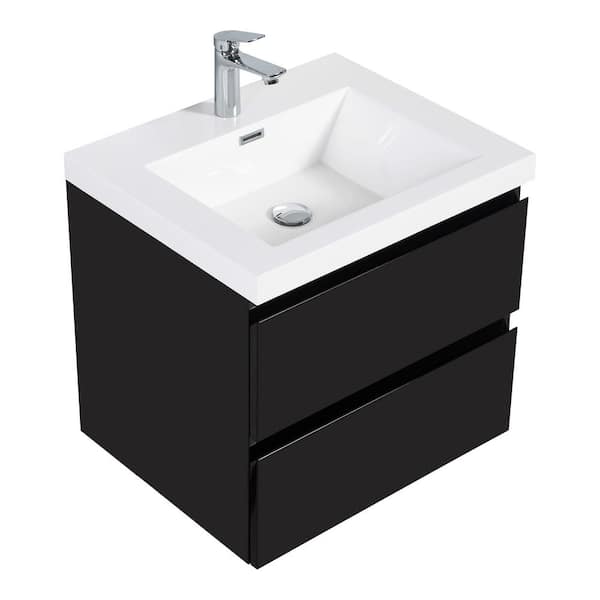24 in. W x 20 in. D x 22 in. H Wall-Mounted Bath Vanity in Black with Glossy White Resin Top