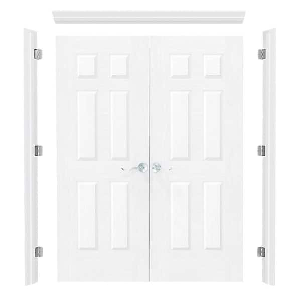 60in x 80in 6 Panel, Hollow Core, Universal White Primed Double Prehung French Door with Quick Assemble Jamb & Handle