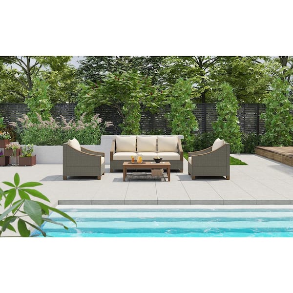 Unbranded 4-Piece Gray Rattan Wicker Outdoor Patio Conversation Set with Beige Cushions for 5 and Coffee Table