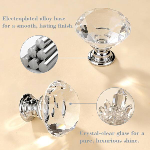 16-Pack Crystal Glass Drawer Knobs – Diamond Shape, 30mm (1.2"), Silver Base, With Screws For Cabinets & Dressers