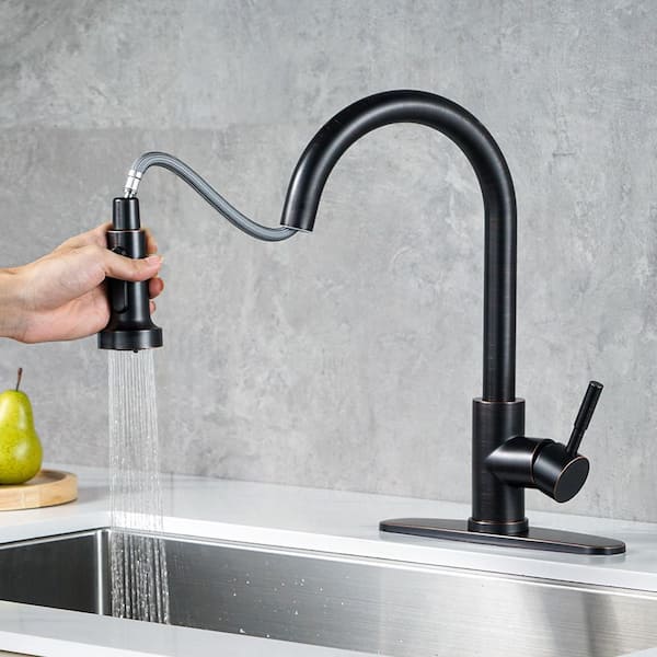 3-Function Single Handle Pull Down Sprayer Kitchen Faucet With Soap Dispenser in Oil Rubbed Bronze